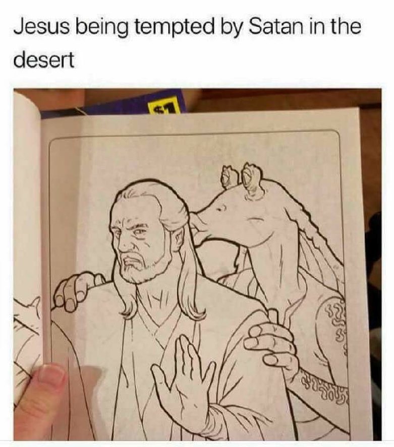 Jesus being tempted by Satan in the desert.