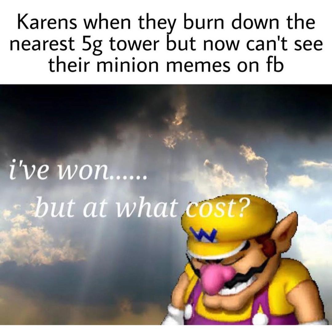 Karens when they burn down the nearest 5g tower but now can't see their minion memes on fb. I've won but at what cost?