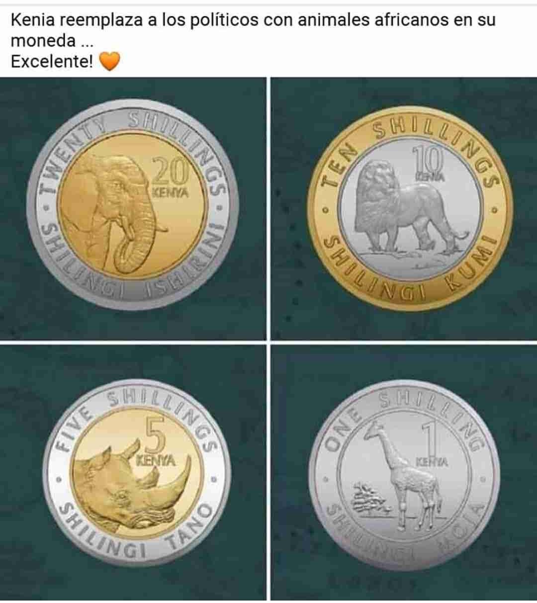 Kenia reemplaza a los políticos con animales africanos en su moneda. Excelente.