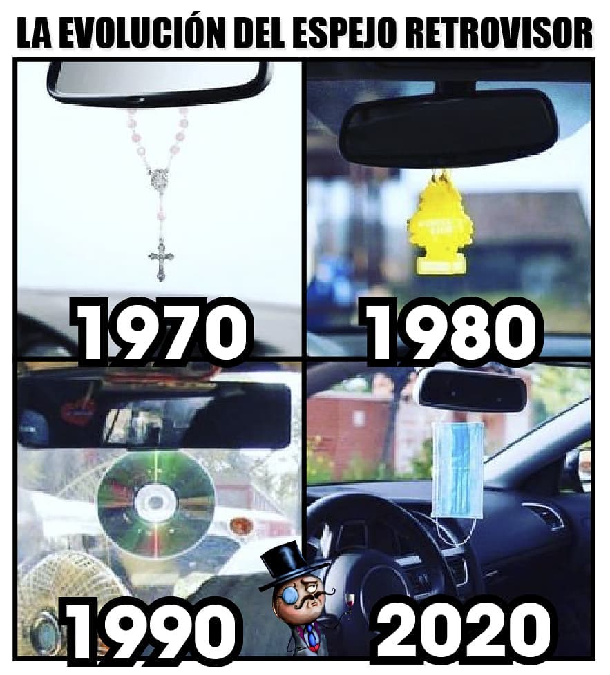 La evolución del espejo retrovisor.  1970. 1980. 1990. 2020.