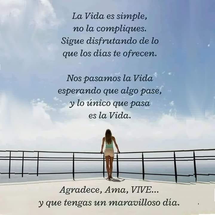 La vida es simple, no la compliques. Sigue disfrutando de lo que los días te ofrecen. Nos pasamos la vida esperando que algo pase, y lo único que pasa es la Vida. Agradece, ama, vive... y que tengas un maravilloso día.