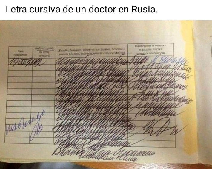 Letra cursiva de un doctor en Rusia.