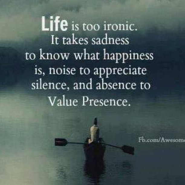 Life is too ironic. It takes sadness to know what happiness is, noise to appreciate silence, and absence to value presence.