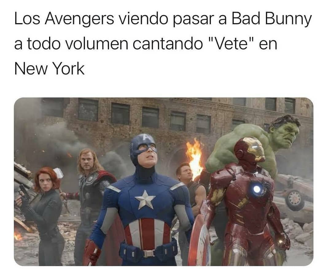 Los Avengers viendo pasar a Bad Bunny a todo volumen cantando "Vete" en New York.