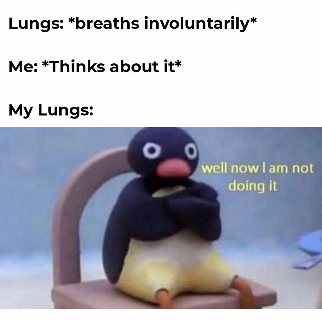 Lungs: *Breaths involuntarily* Me: *Thinks about it* My Lungs: Well now I am not doing it.