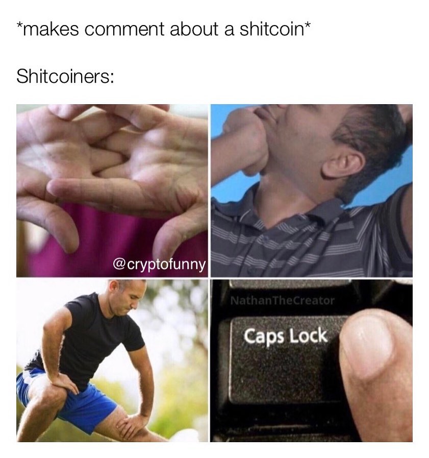 Makes comment about a shitcoin. Shitcoiners: Caps Lock.