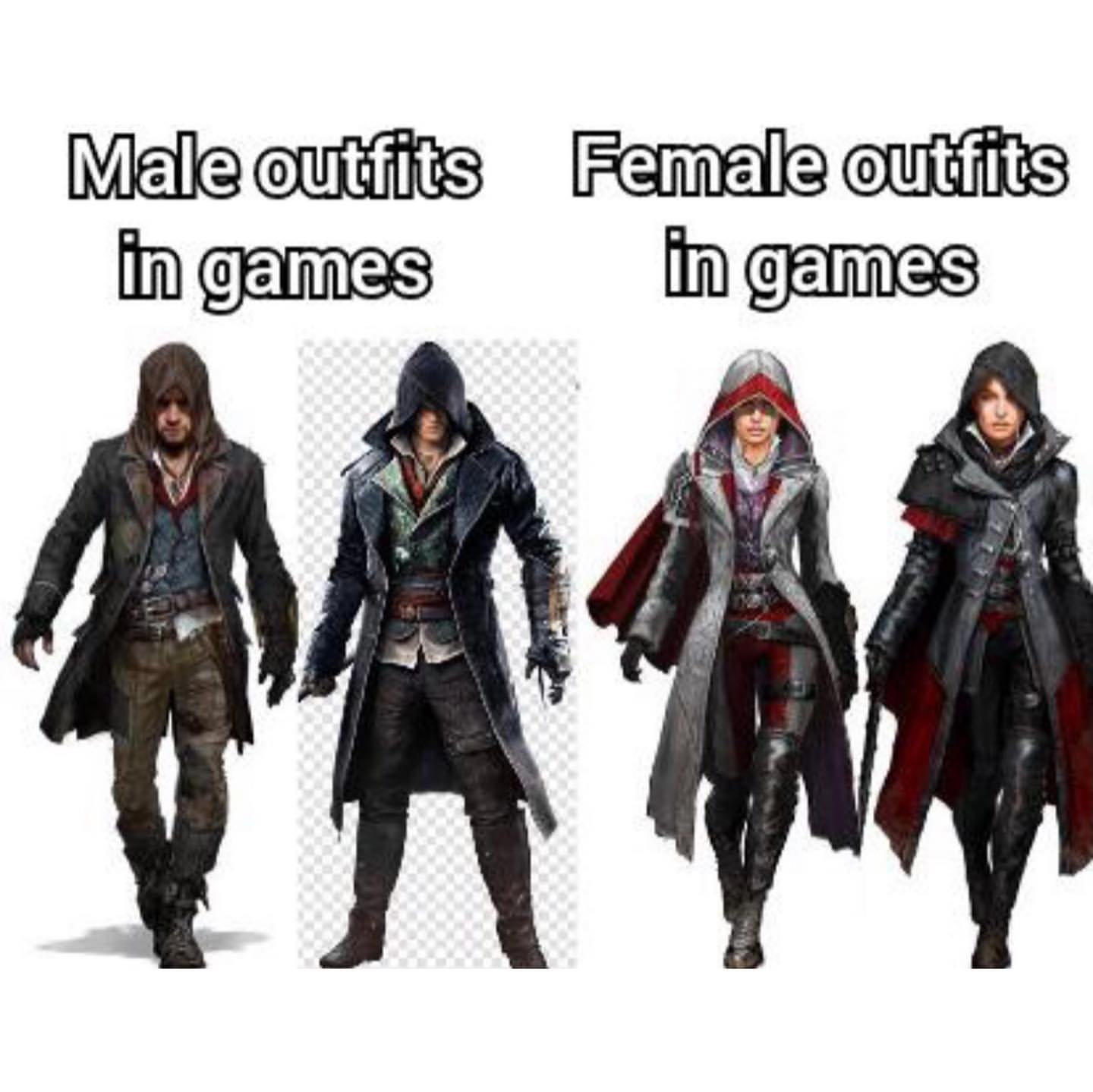 Male outfits in games. Female outfits in games.