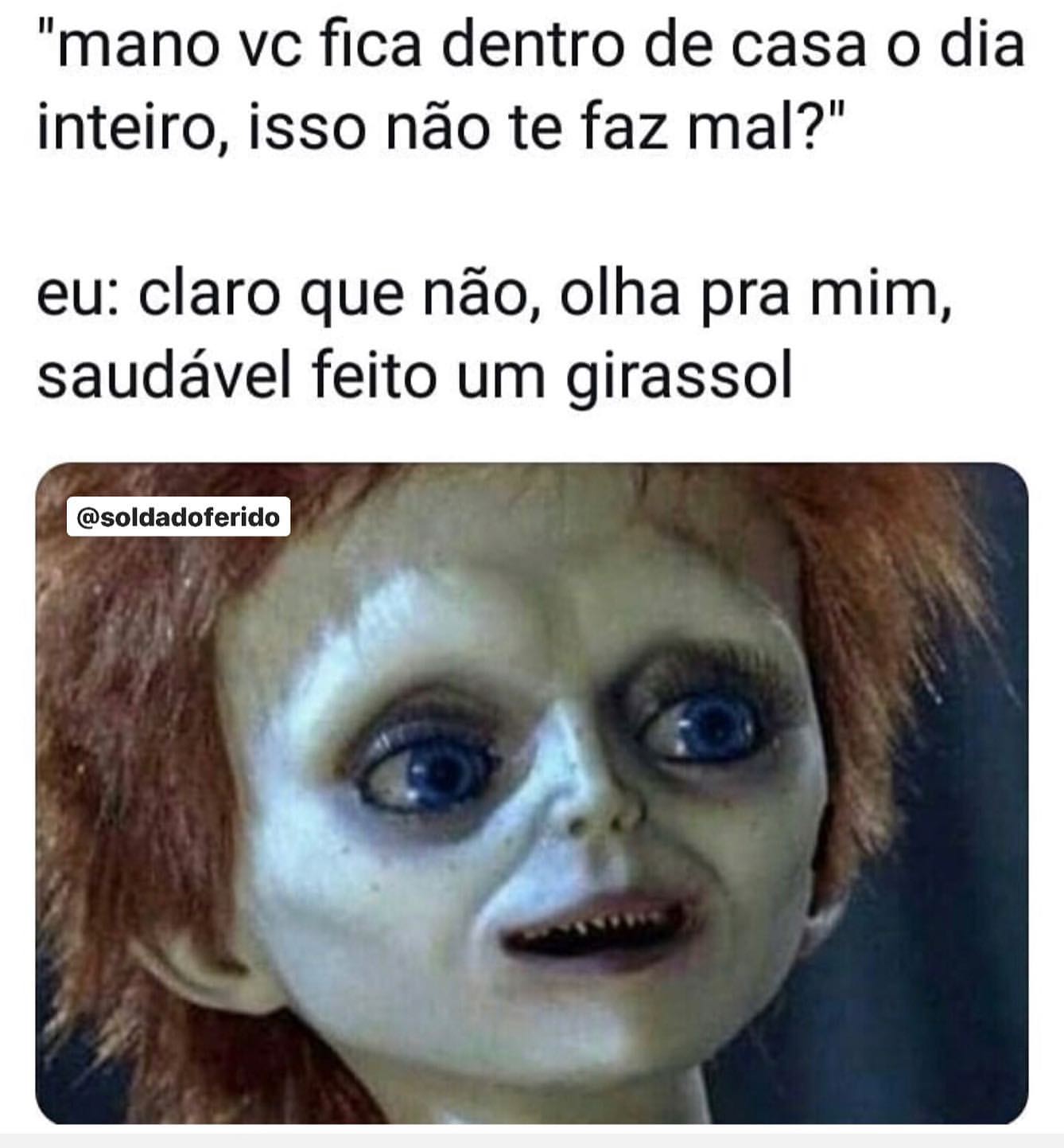 "Mano vc fica dentro de casa o dia inteiro, isso não te faz mal?" Eu: Claro que não, olha pra mim, saudável feito um girassol.