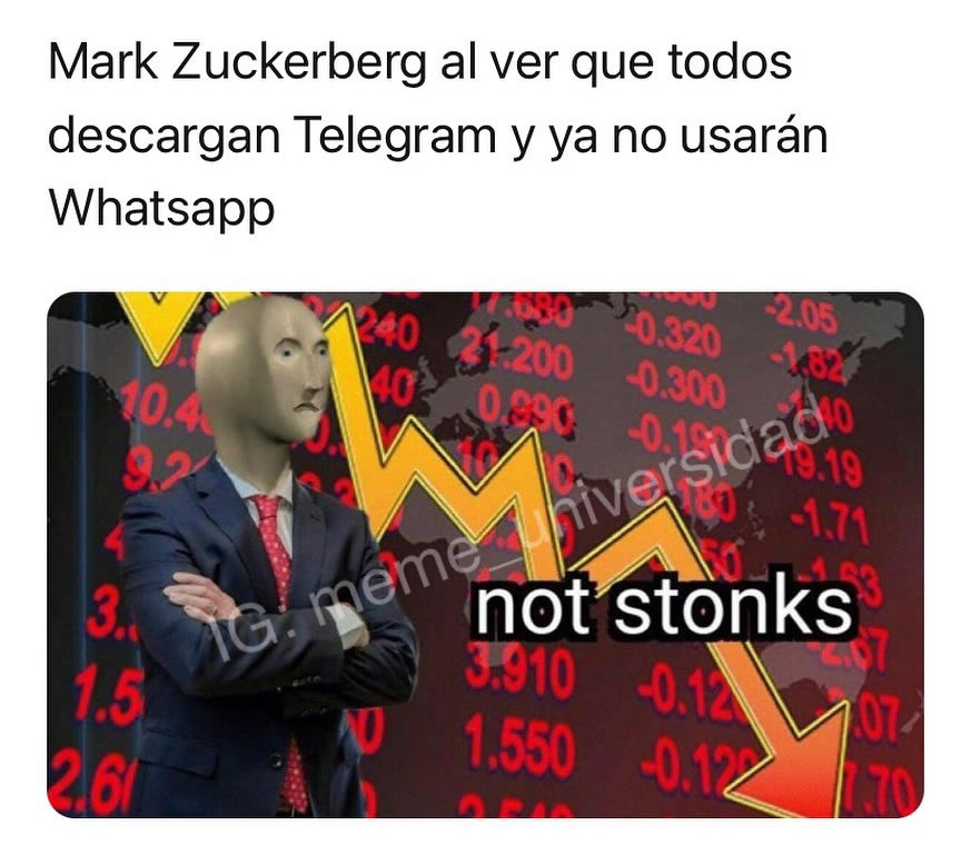 Mark Zuckerberg al ver que todos descargan Telegram y ya no usarán WhatsApp.  Not stonks.