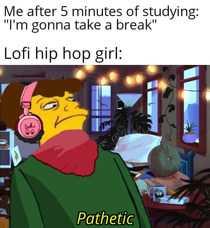 Me after 5 minutes of studying: "I'm gonna take a break" Lofi hip hop girl: Pathetic.