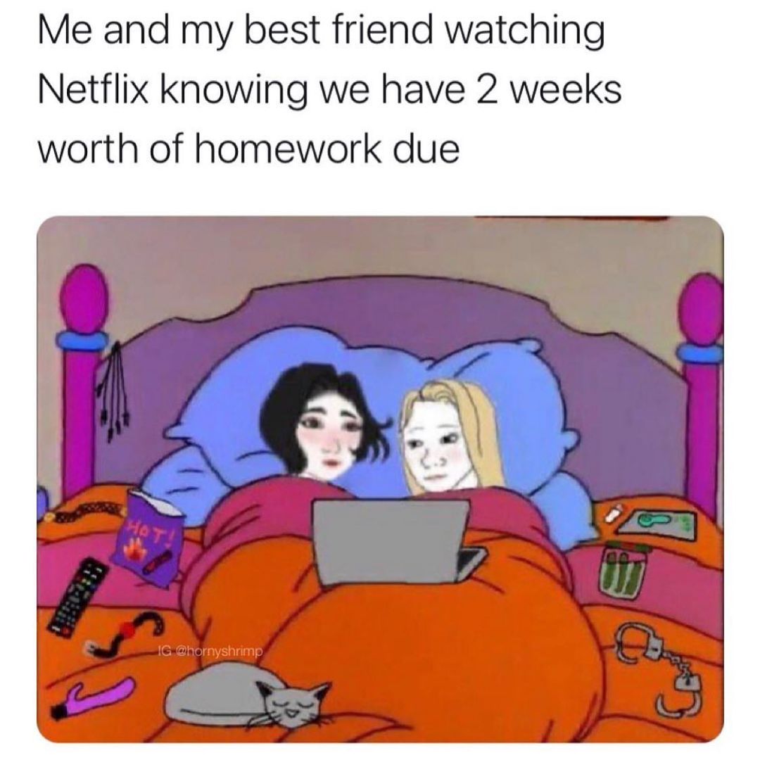 Me and my best friend watching Netflix knowing we have 2 weeks worth of homework due.
