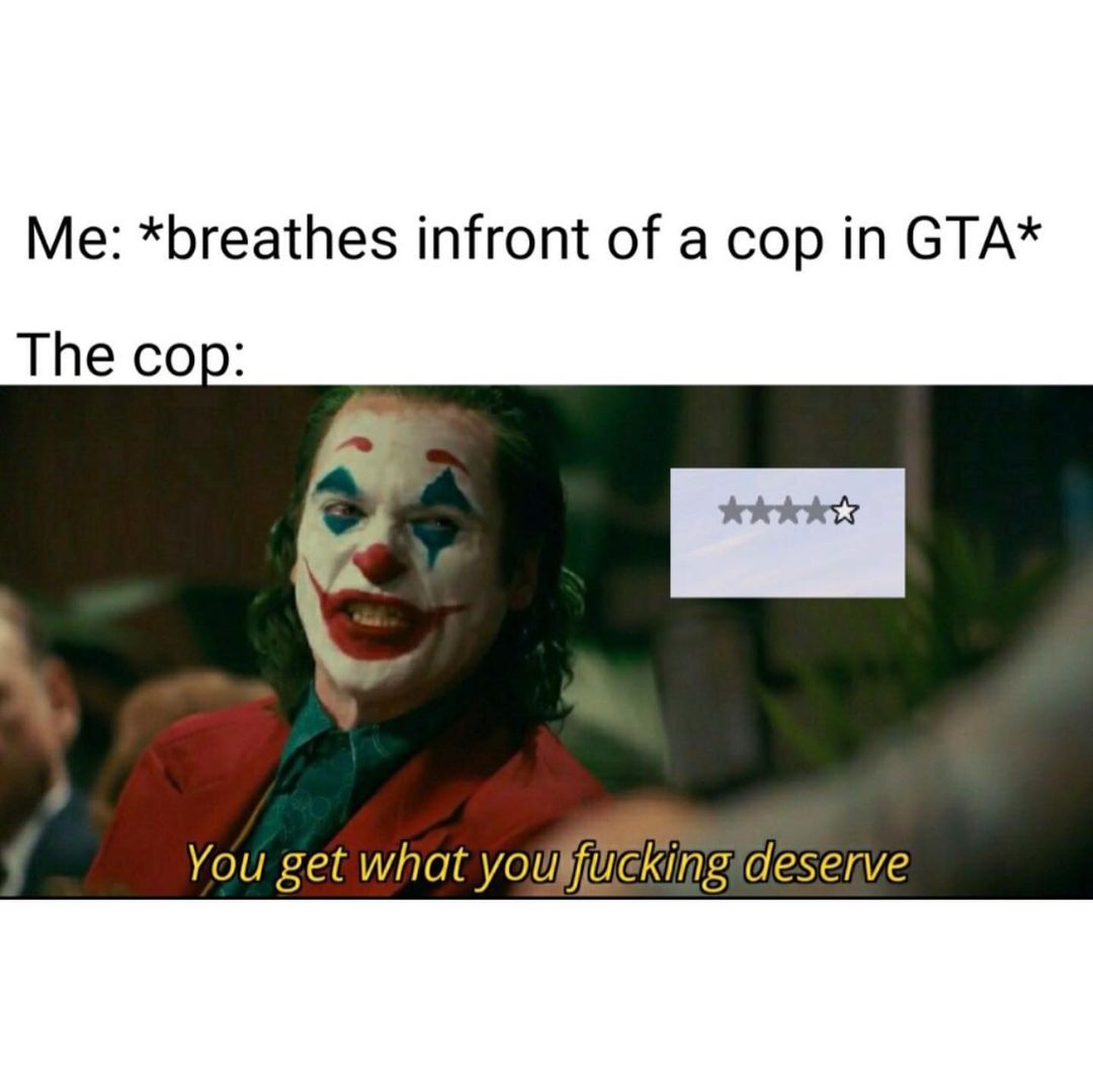 Me: *breathes infront of a cop in GTA* The cop: You get what you fuckling deserve.