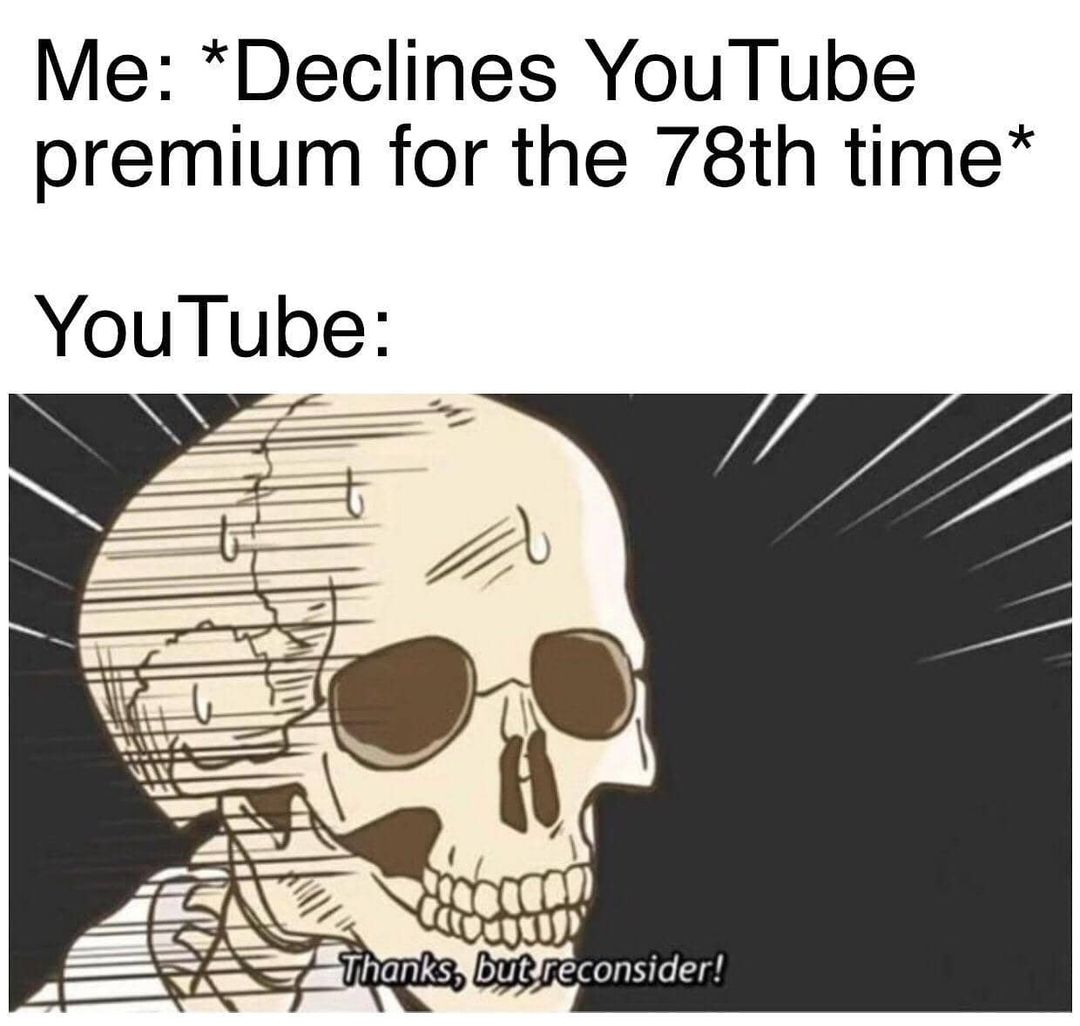 Me: *Declines YouTube premium for the 78th time* YouTube: Thanks but reconsider!
