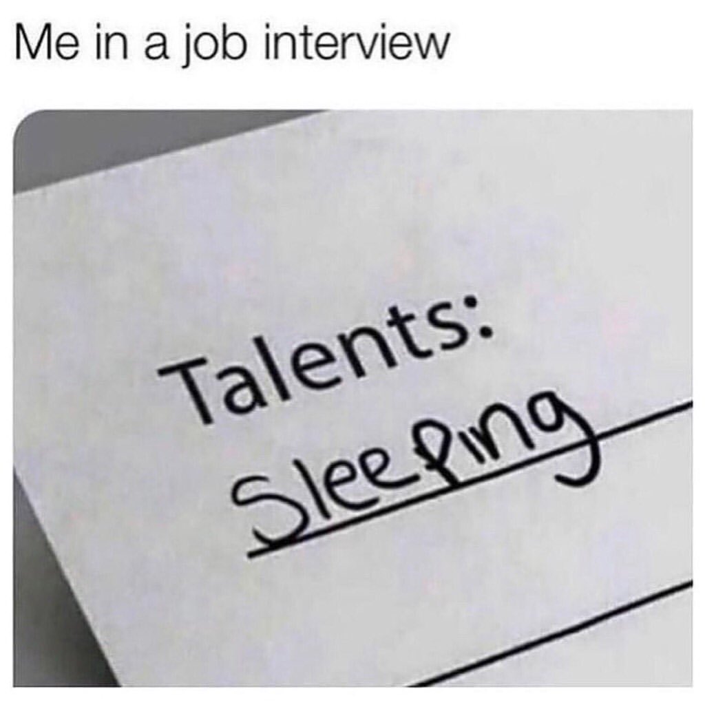 Me in a job interview. Talents: Sleeping.