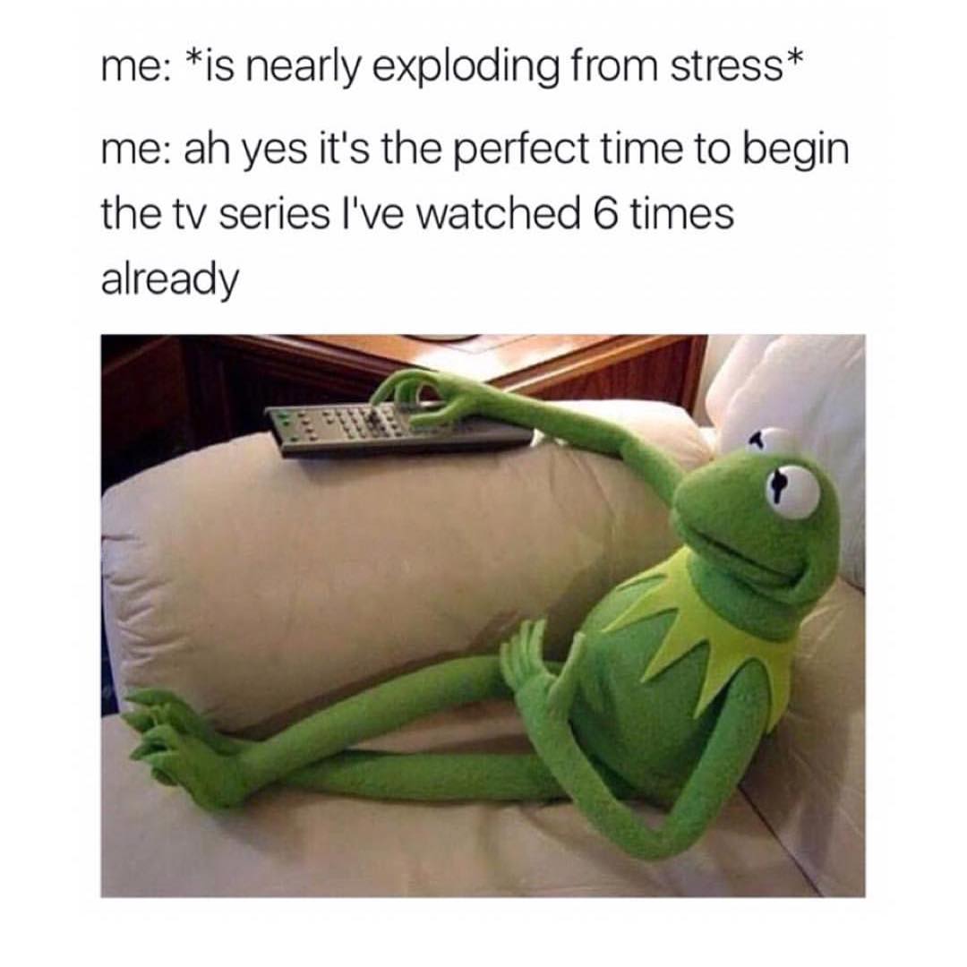 Me: *is nearly exploding from stress*  Me: ah yes it's the perfect time to begin the tv series live watched 6 times already.