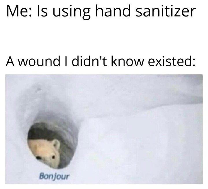 Me: Is using hand sanitizer. A wound I didn't know existed: Bonjour.