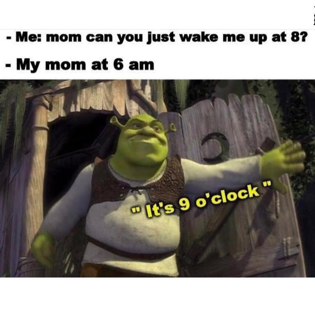 Me: mom can you just wake me up at 8?  My mom at 6 am: "It's 9 o'clock".