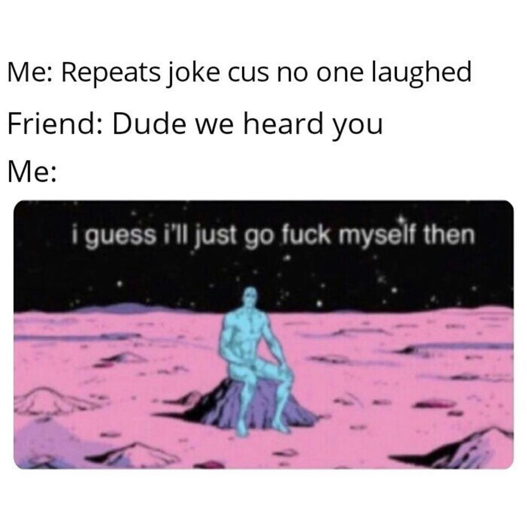 Me: Repeats joke cus no one laughed. Friend: Dude we heard you. Me: I guess ill just go fuck myself then.