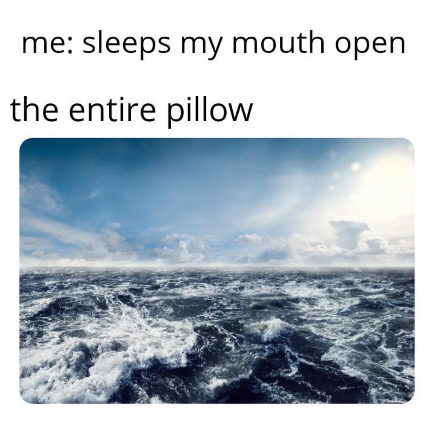 Me: sleeps my mouth open.  The entire pillow.