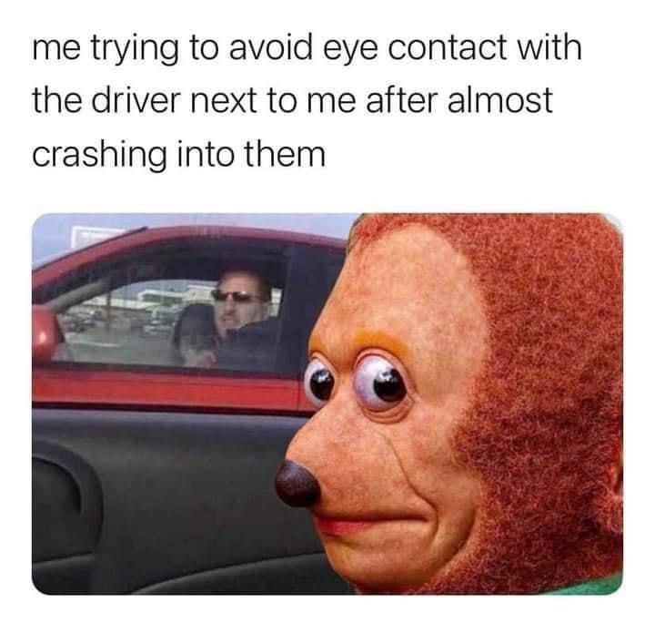 Me trying to avoid eye contact with the driver next to me after almost crashing into them.
