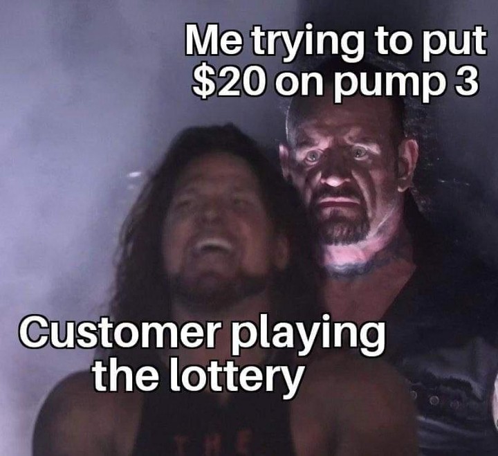 Me trying to put $20 on pump 3. Customer playing the lottery.