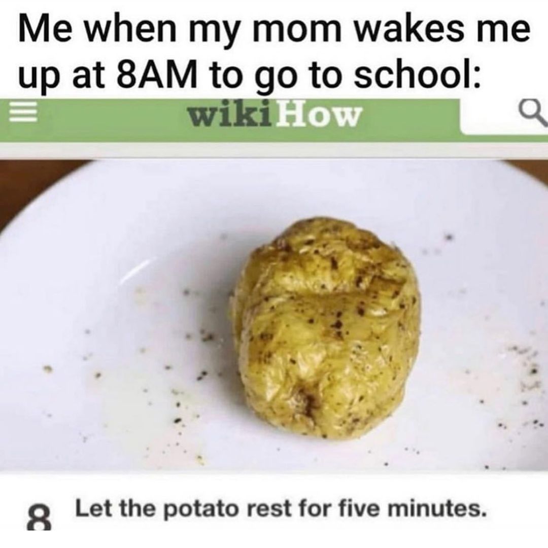Me when my mom wakes me up at 8AM to go to school: Let the potato rest for five minutes.