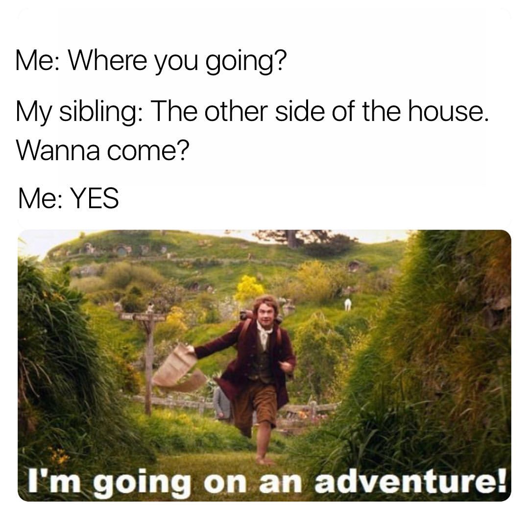 Me: Where you going? My sibling: The other side of the house. Wanna come? Me: Yes. I'm going on an adventure!
