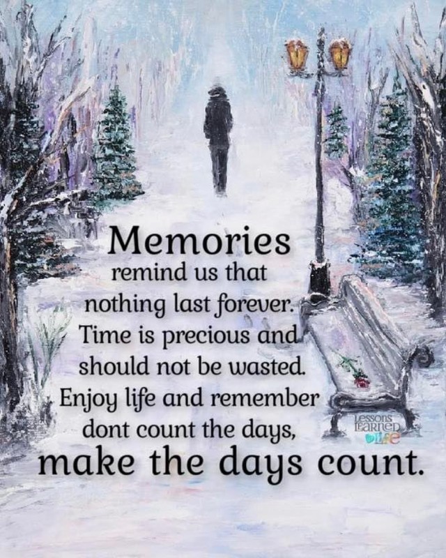 Memories remind us that nothing last forever. Time is precious and should not be wasted.  Enjoy life and remember don't count the days, make the days count.