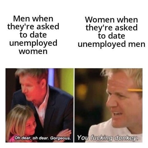 Men when they're asked to date unemployed women. Oh dear, oh dear. Gorgeous.  Women when they're asked to date unemployed men. You fucking donkey.