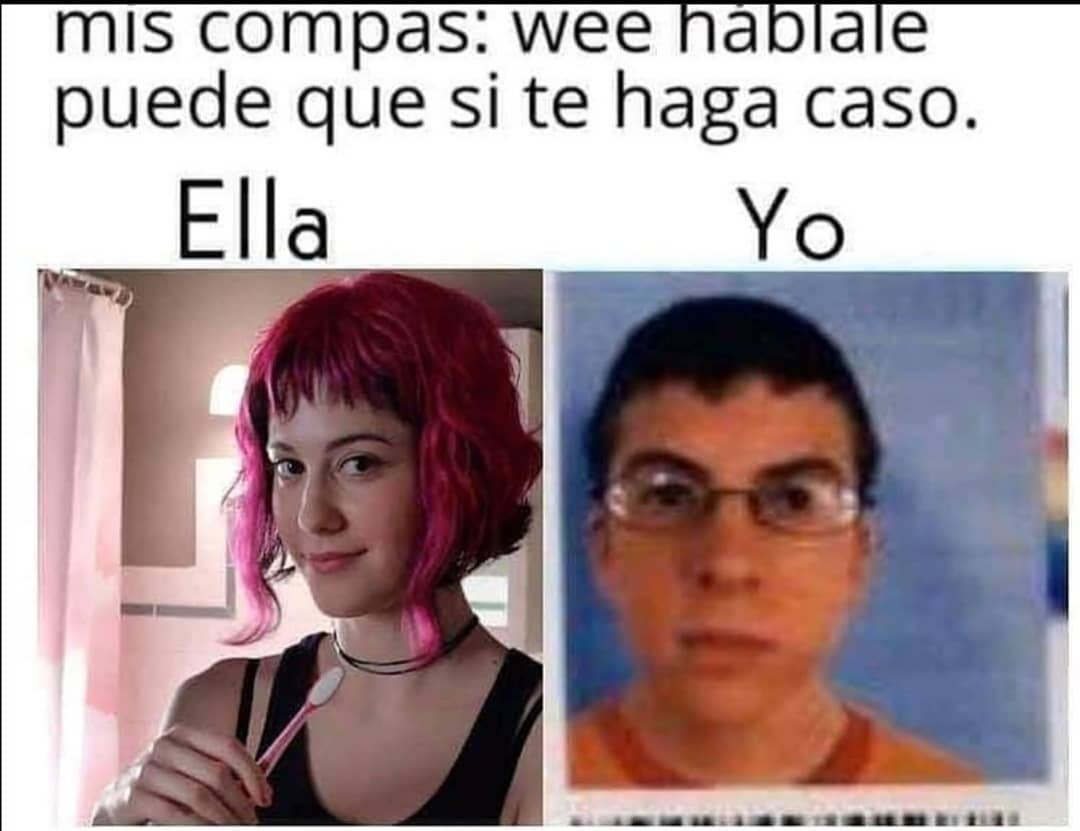 Mis compas: Wee háblale puede que sí te haga caso. Ella. / Yo.