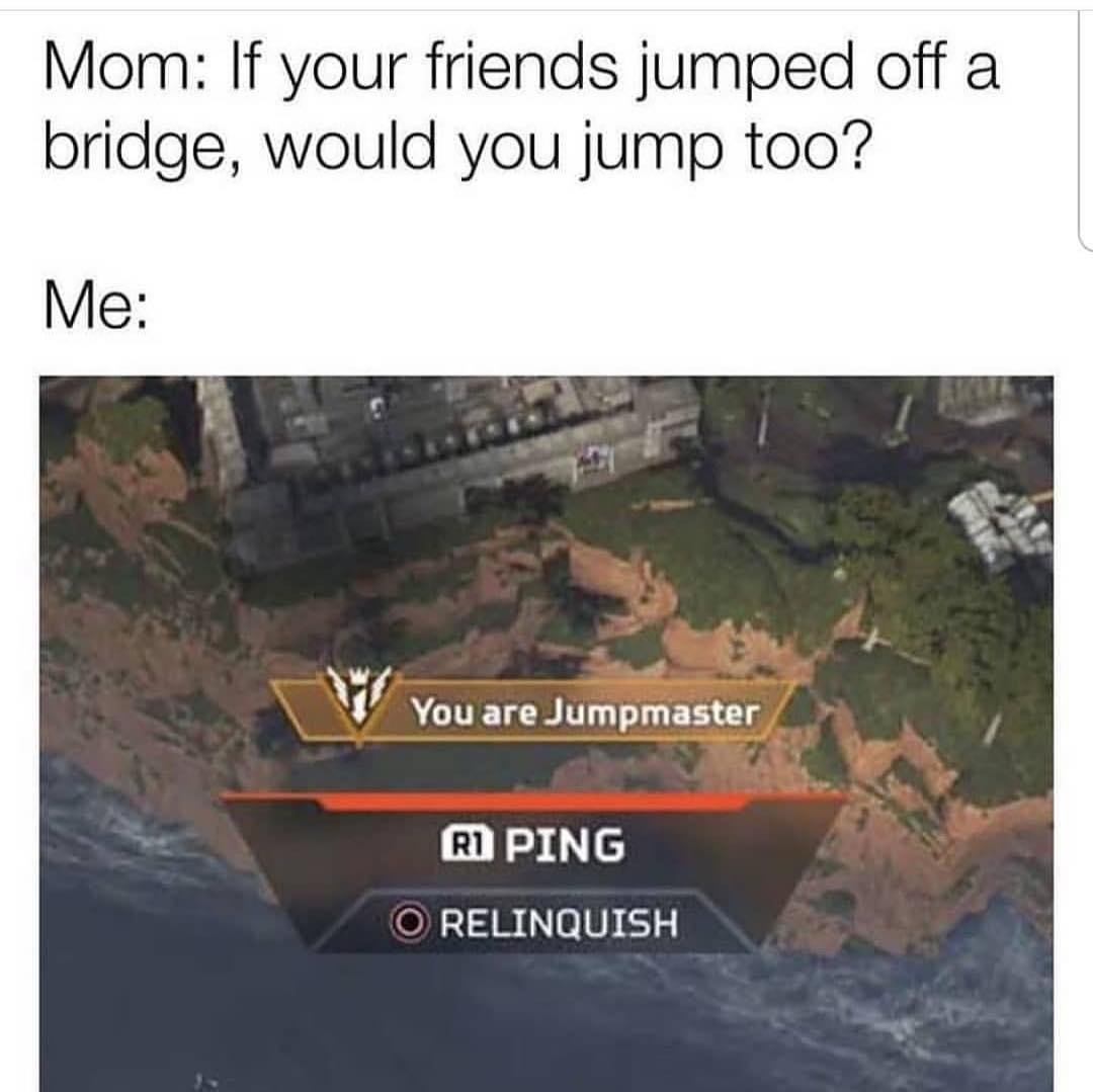 Mom: If your friends jumped off a bridge, would you jump too? Me: You are Jumpmaster.