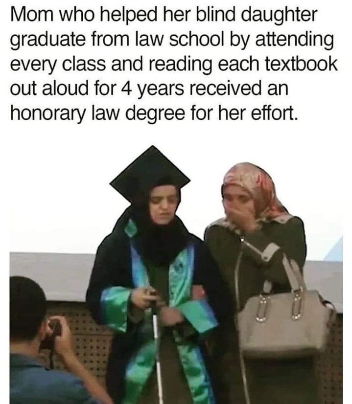 Mom who helped her blind daughter graduate from law school by attending every class and reading each textbook out aloud for 4 years received an honorary law degree for her effort.