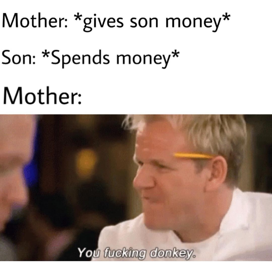Mother: *gives son money* Son: *Spends money* Mother: You fucking donkey.