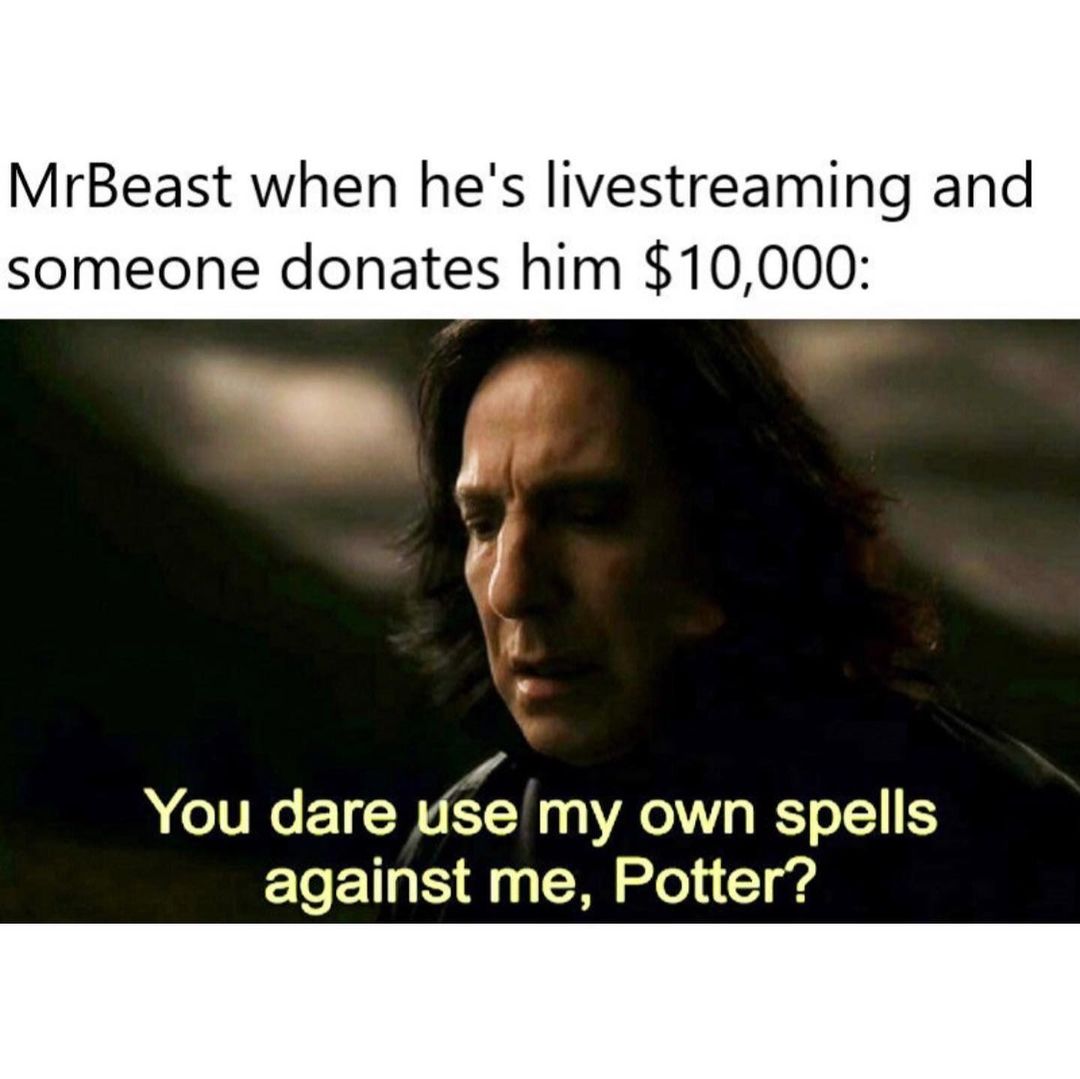MrBeast when he's livestreaming and someone donates him $10,000: You dare se my own spells against me, Potter?