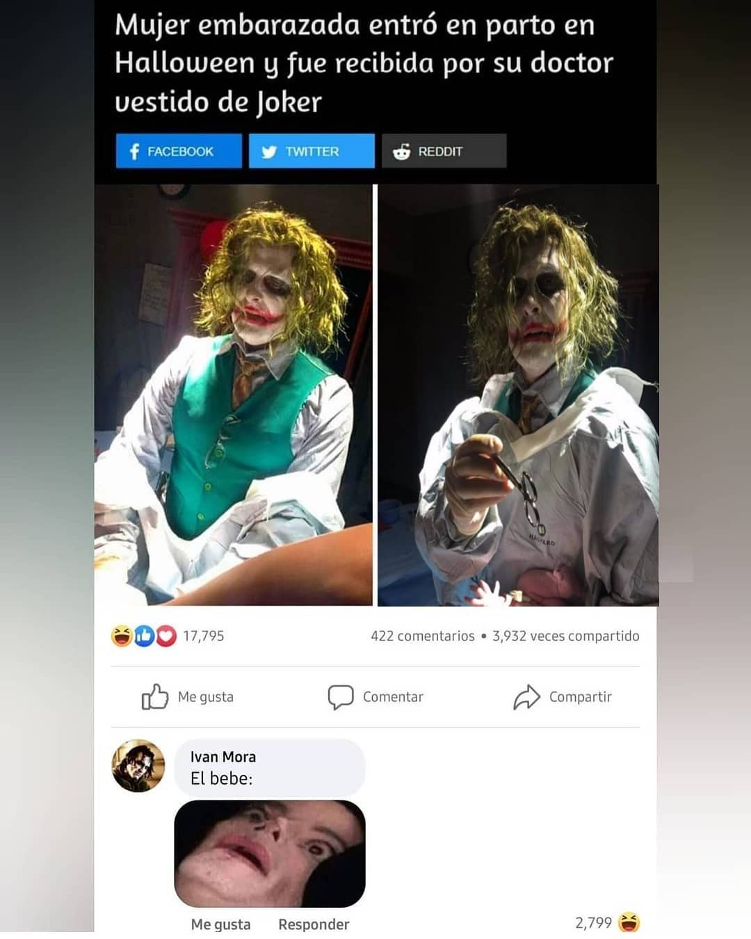 Mujer embarazada entró en parto en Halloween y fue recibida por su doctor vestido de Joker.