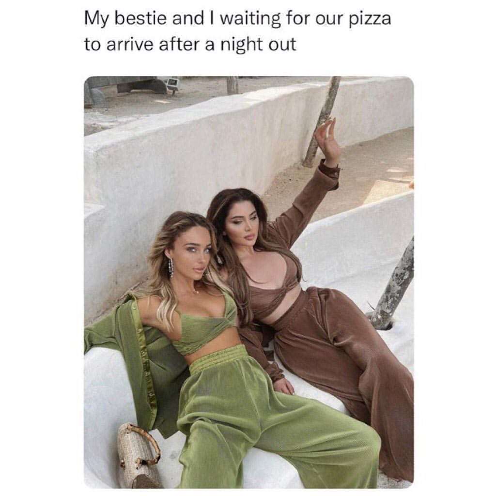 My bestie and I waiting for our pizza to arrive after a night out.
