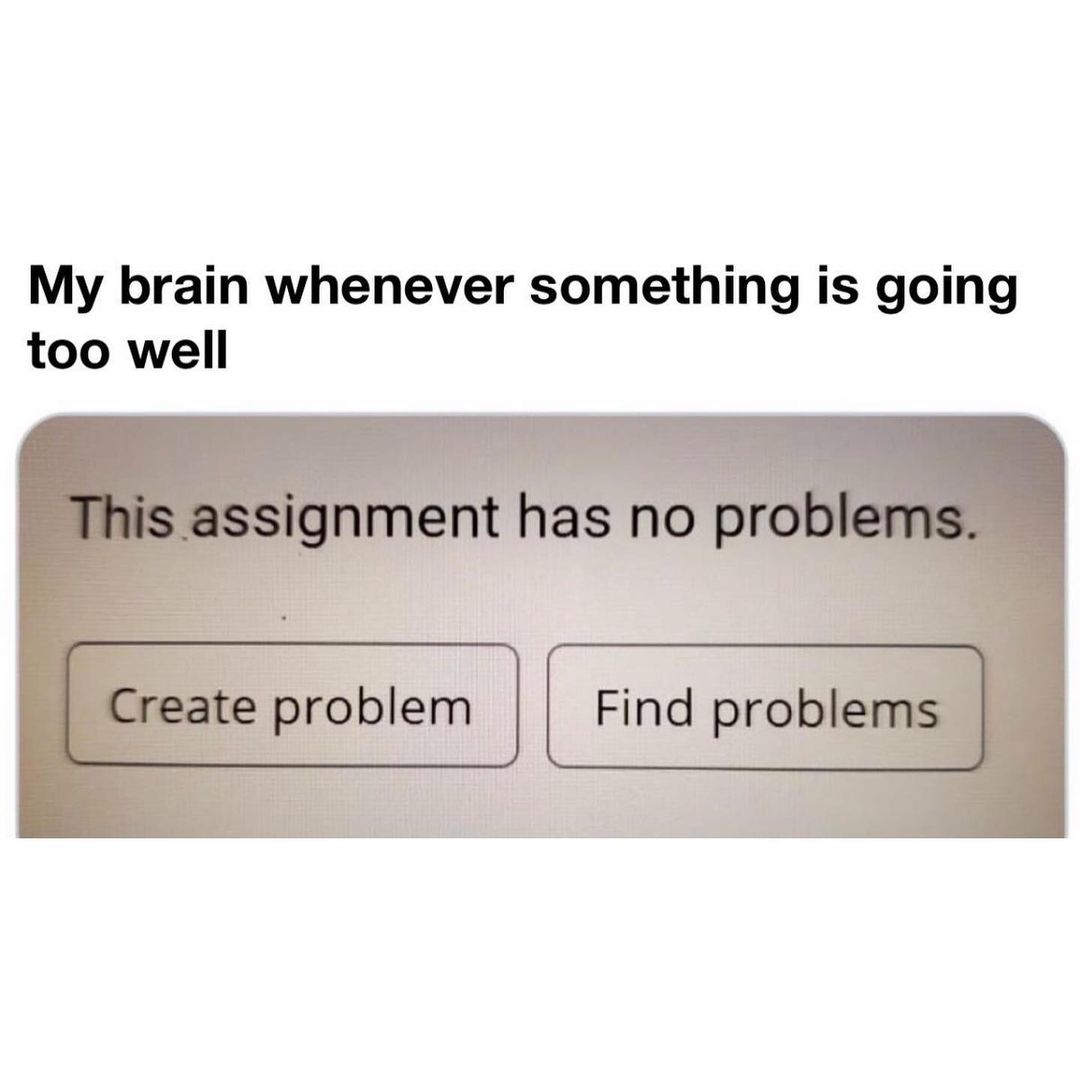 My brain whenever something is going too well. This assignment has no problems. Create problem. Find problems.
