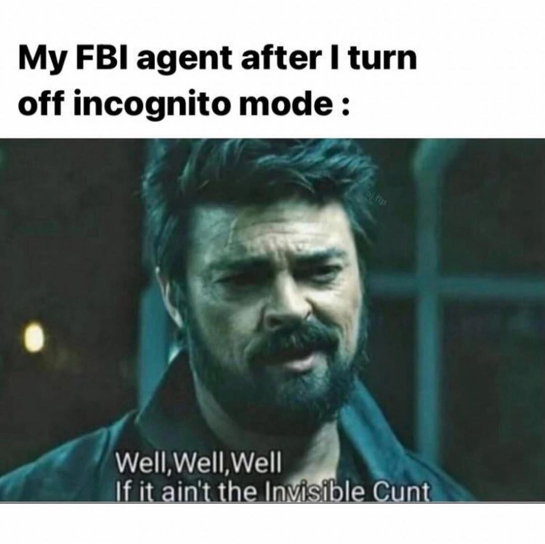 My FBI agent after I turn off incognito mode: Well, well, well, If it ain't the Invisible cunt.