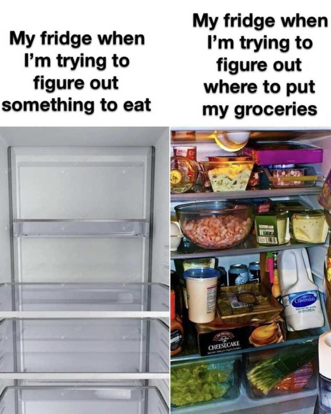 My fridge when I'm trying to figure out something to eat. My fridge when I'm trying to figure out where to put my groceries.