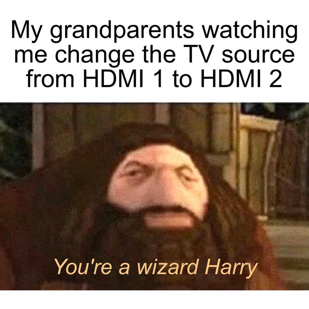 My grandparents watching me change the TV source from HDMI 1 to HDMI 2. You're a wizard Harry.
