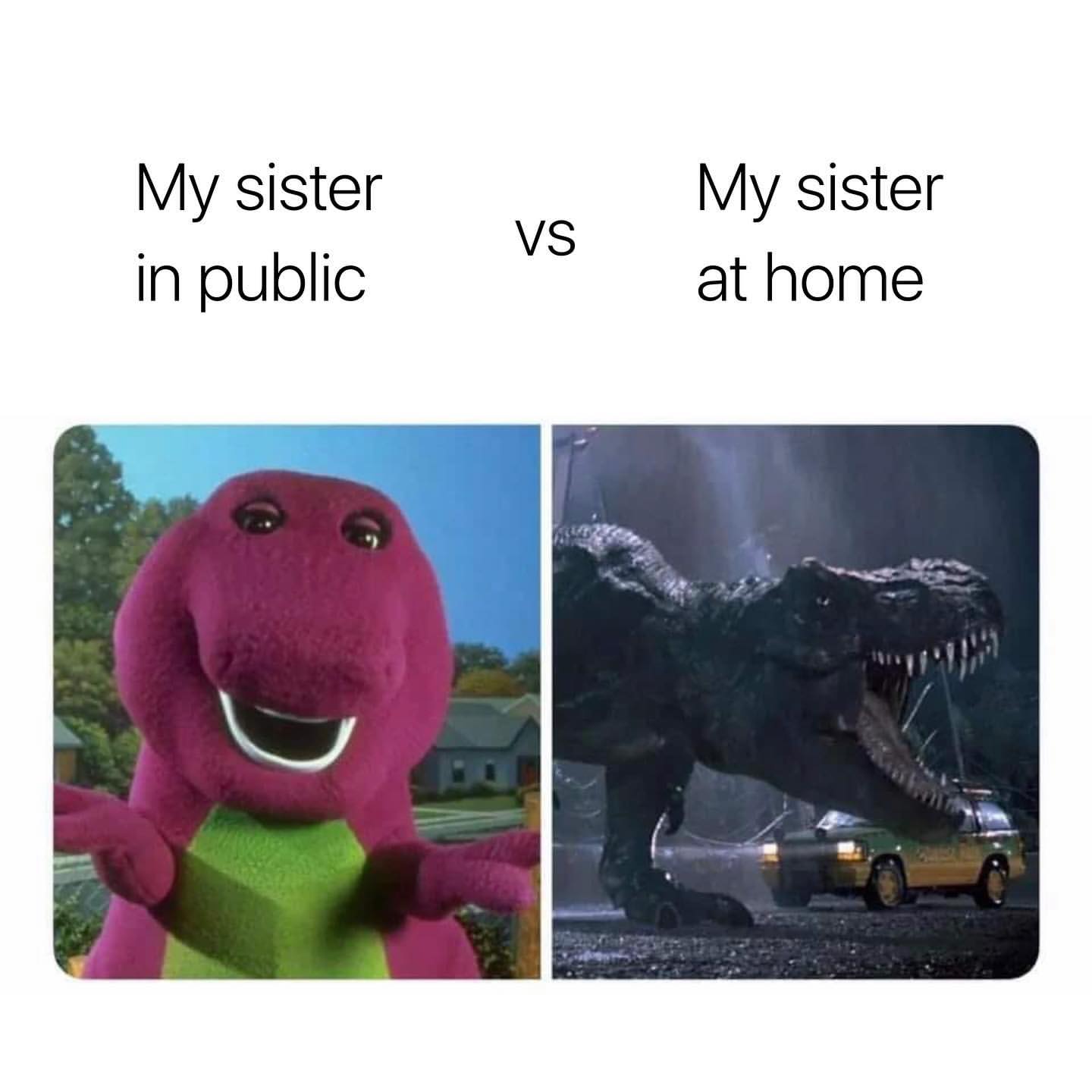 My sister in public. vs My sister at home.