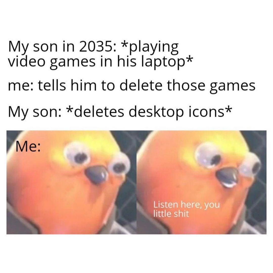 My son in 2035: *playing video games in his laptop* Me: Tells him to delete those games. My son: *Deletes desktop icons* Me: Listen here, you little shit.