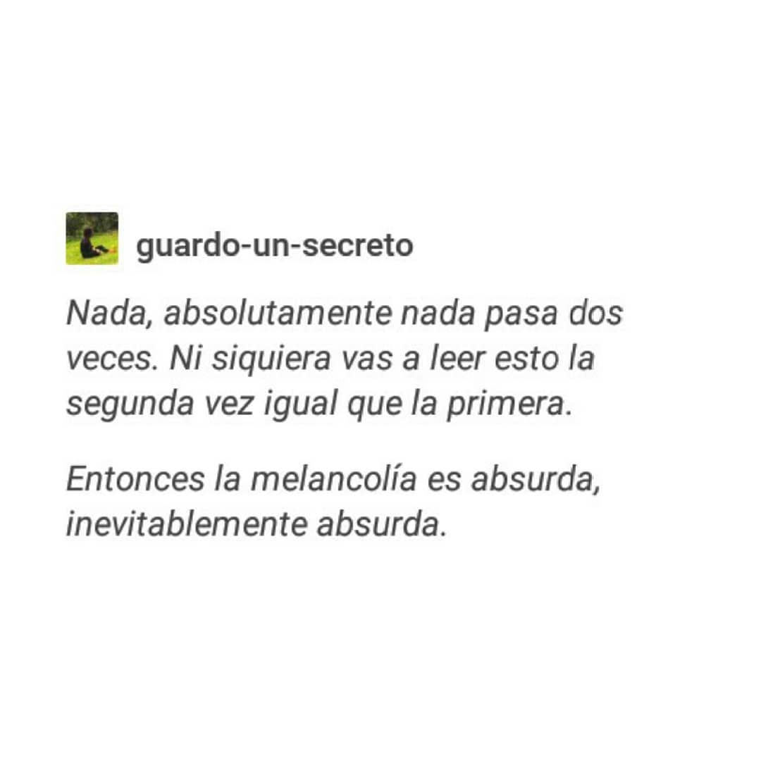 Nada, absolutamente nada pasa dos veces. Ni siquiera vas a leer esto la segunda vez igual que la primera. Entonces la melancolía es absurda, inevitablemente absurda.