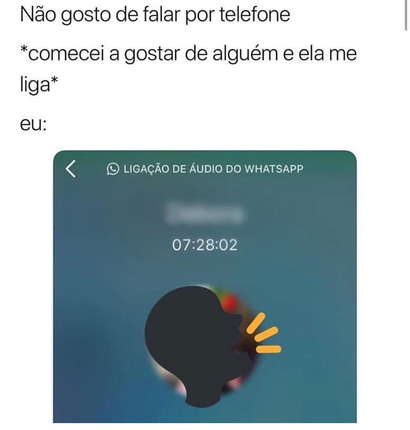 Não gosto de falar por telefone *comecei a gostar de alguém e ela me liga* Eu: Ligação de áudio do WhatsApp.