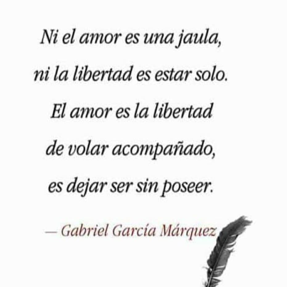 "Ni el amor es una jaula, ni la libertad es estar solo. El amor es la libertad de volar acompañado, es dejar ser sin poseer." Gabriel García Márquez.
