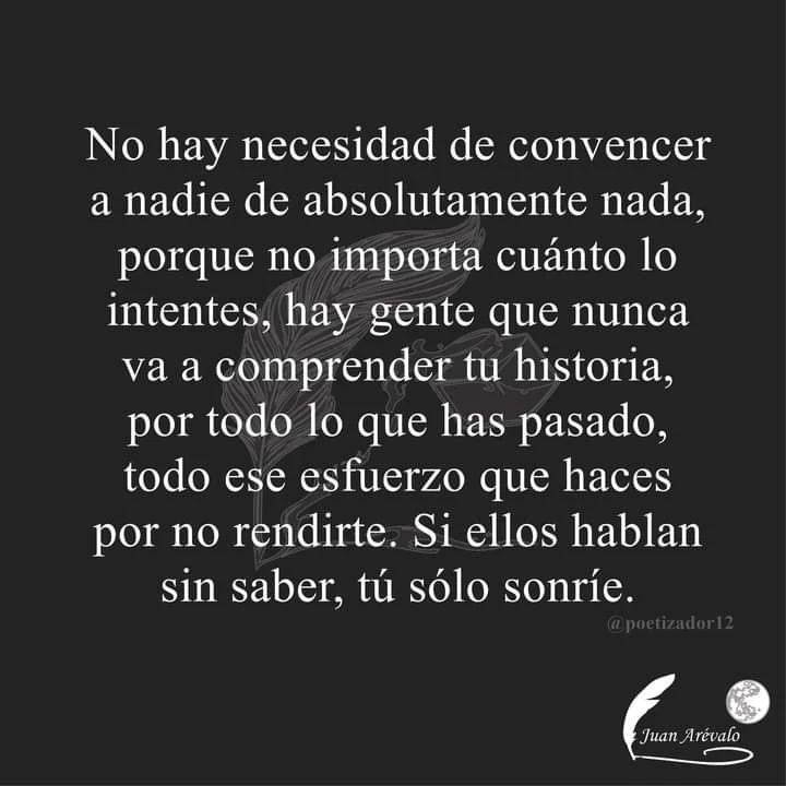 No hay necesidad de convencer a nadie de absolutamente nada, porque no importa cuánto lo intentes, hay gente que nunca va a comprender tu historia, por todo lo que has pasado, todo ese esfuerzo que haces por no rendirte. Si ellos hablan sin saber, tú sólo sonríe.