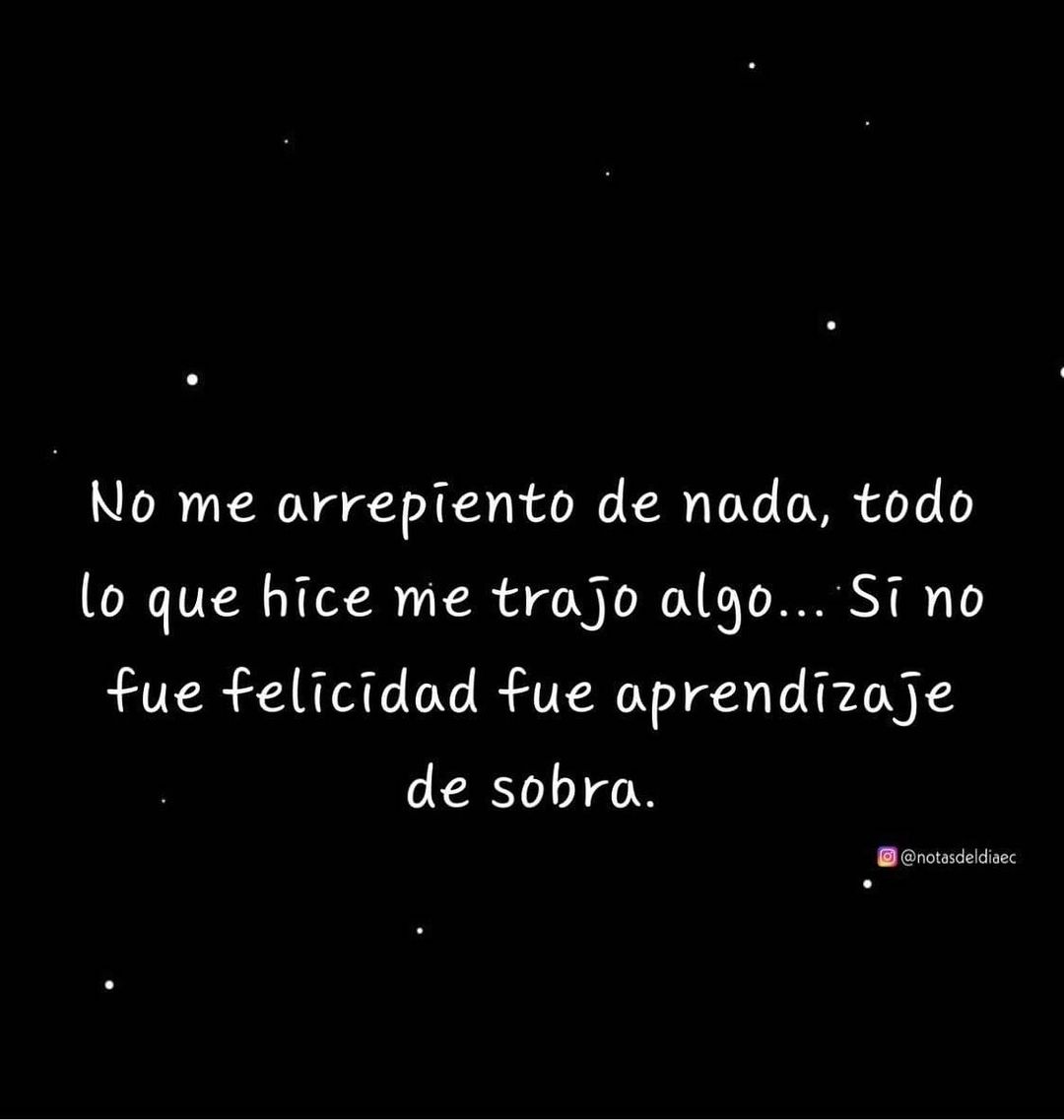 No me arrepiento de nada, todo lo que hice me trajo algo... Si no fue  felicidad fue aprendizaje de sobra. - Frases