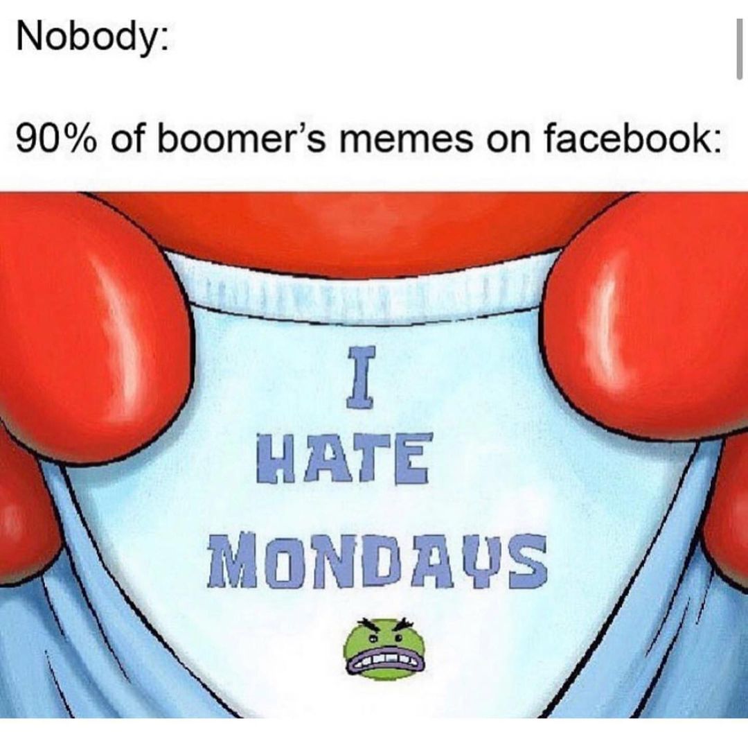 Nobody: 90% of boomer's memes on Facebook: I hate Mondays.