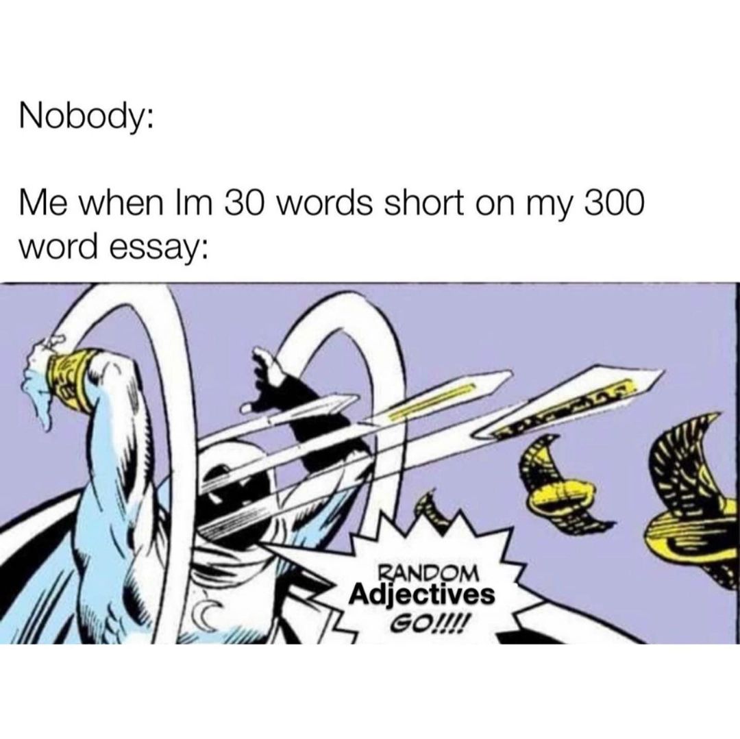Nobody: Me when I'm 30 words short on my 300 word essay: Random adjetives go!!!