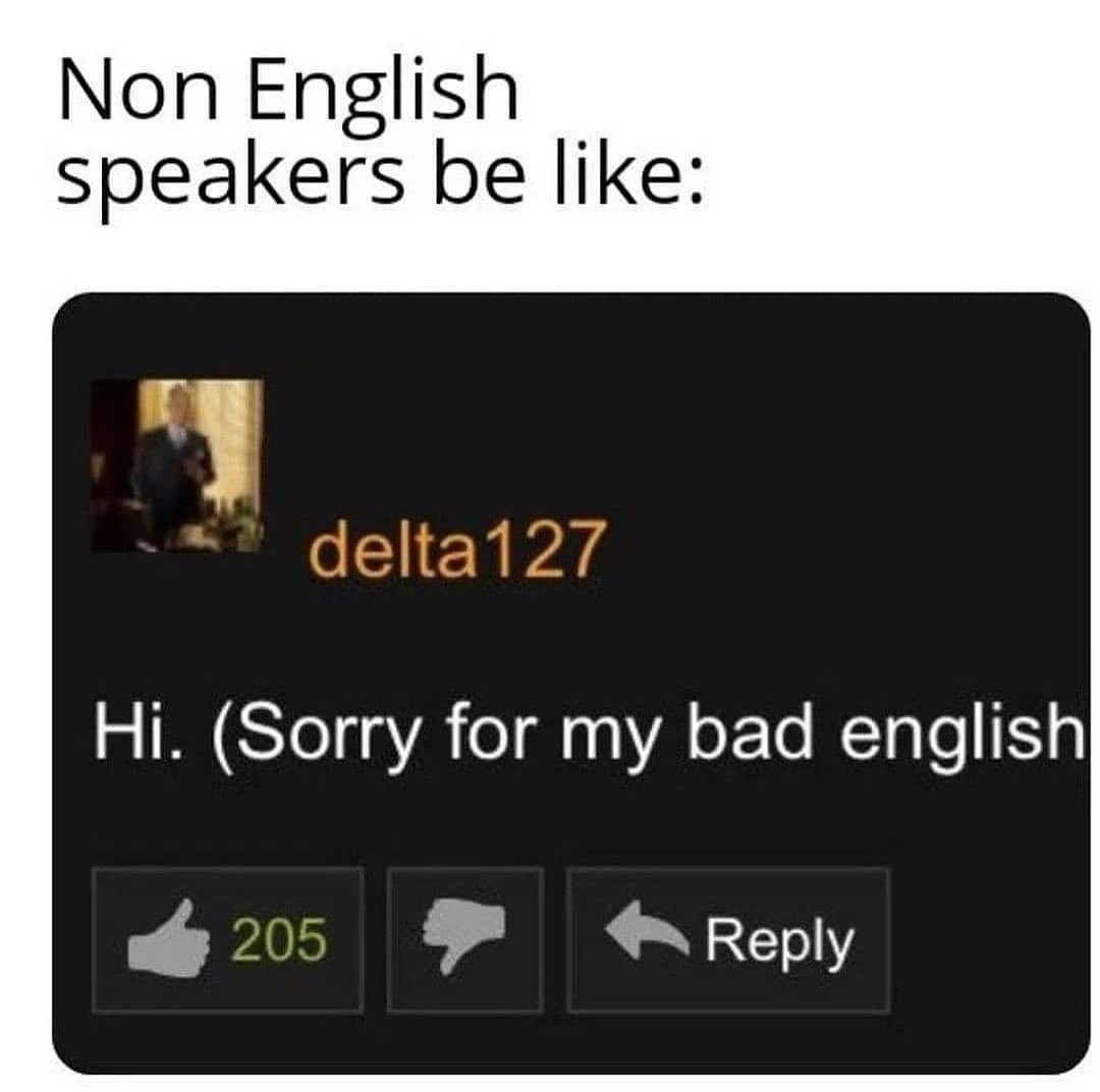 Non English speakers be like: Hi. (Sorry for my bad English)